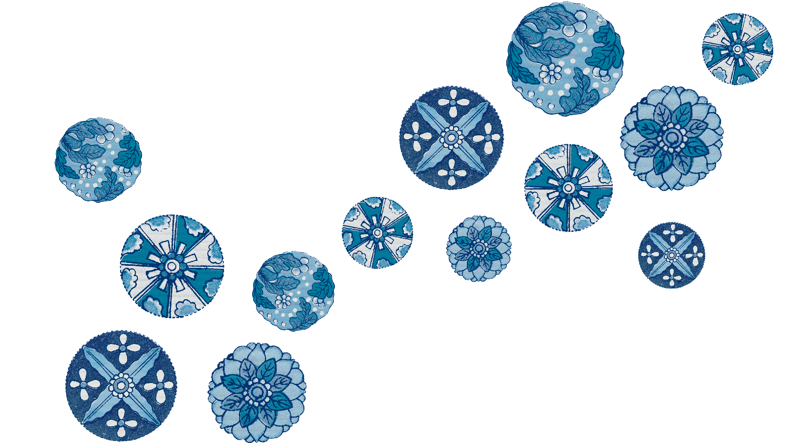 Multiple blue and off white floral circle decorative background.