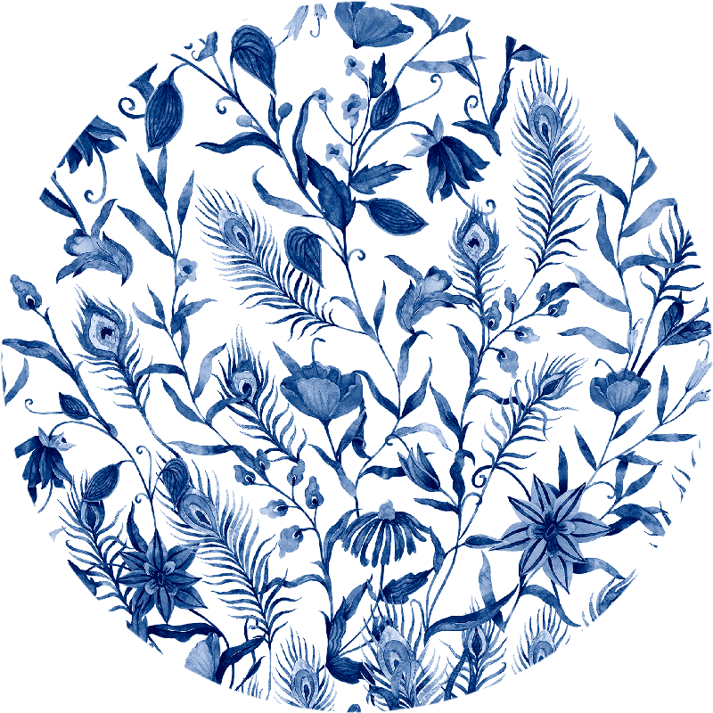Dark blue floral pattern with peacock feathers in a white circle.