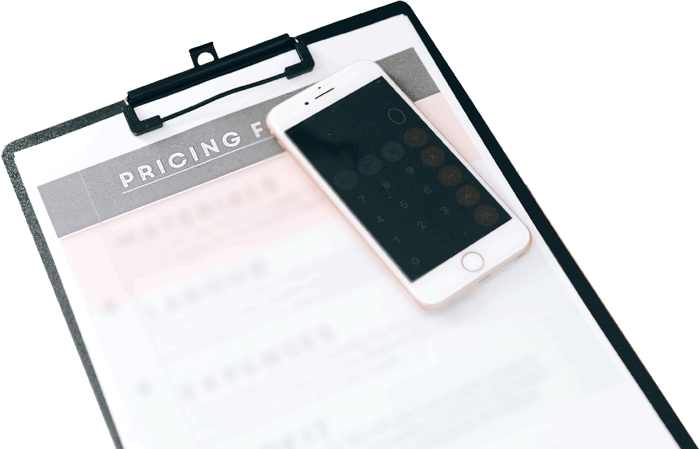 A clipboard holding a pricing sheet with a cellphone on top showcasing a calculator
