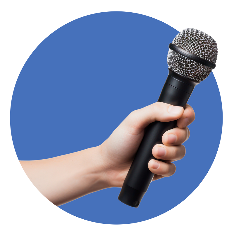 A hand holding a microphone over a blue circle.