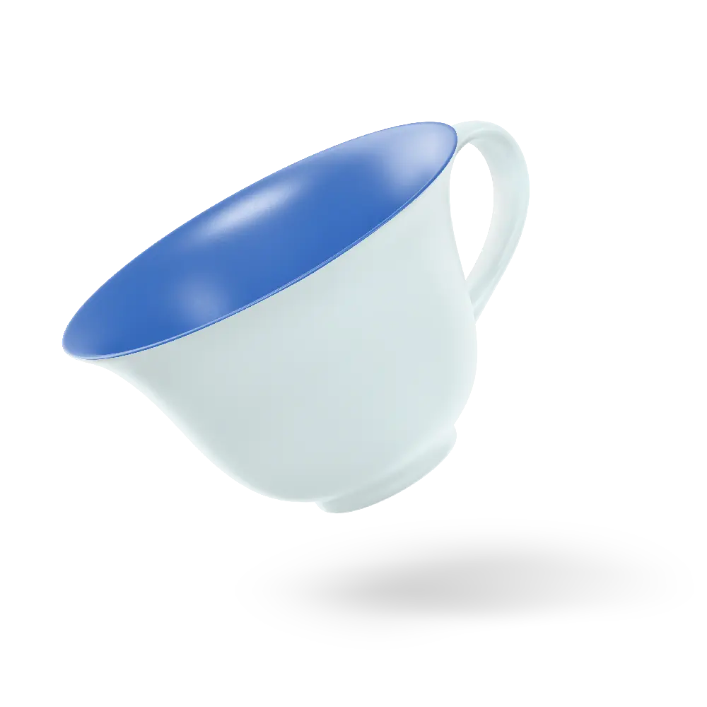 white teacup with blue interior suspended above the white surface as if ready to spill the tea